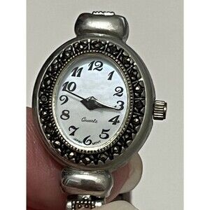 Vintage Stainless Steel Quartz Stud Watch Black‎ Gunmetal mother of Pearl